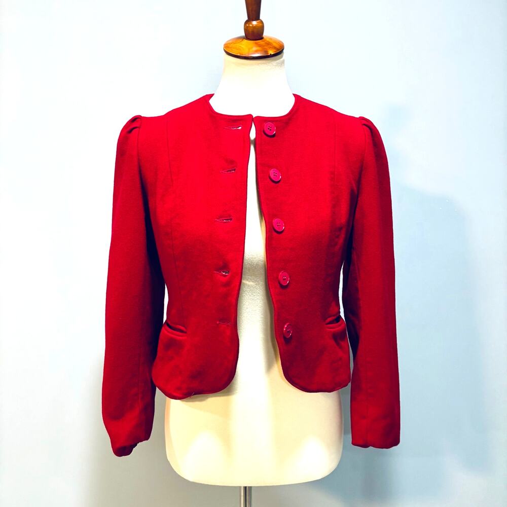 VTG 60s Crimson Red Wool Cropped Blazer Jacket Collarless Puff Shoulder, Size S